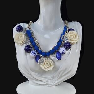 Bold Mixed Ivory Dangle Bead Rose Charm Statement Bib Necklace